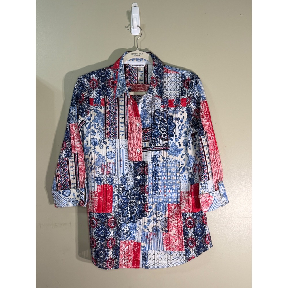 Allison Daley Womens 8 Patchwork Floral Paisley Button Down 3/4 Sleeve Top
